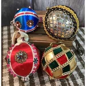 Hand Made Pins Beads Sequin Christmas Ornaments 1970's Black Gold Blue Red White